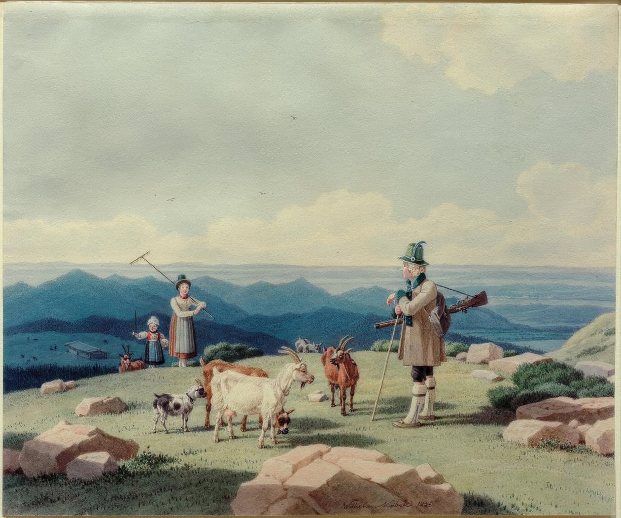Metsästäjä meijerineidon ja lapsen kanssa Hirschbergillä tekijältä Wilhelm von Kobell