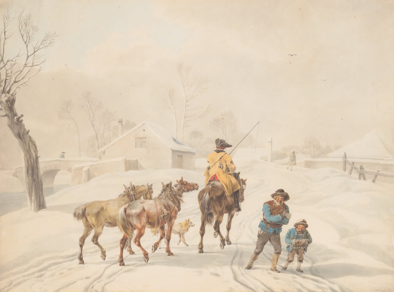 Postilion hevosella talvimaisemassa, n. 1798. tekijältä Wilhelm von Kobell