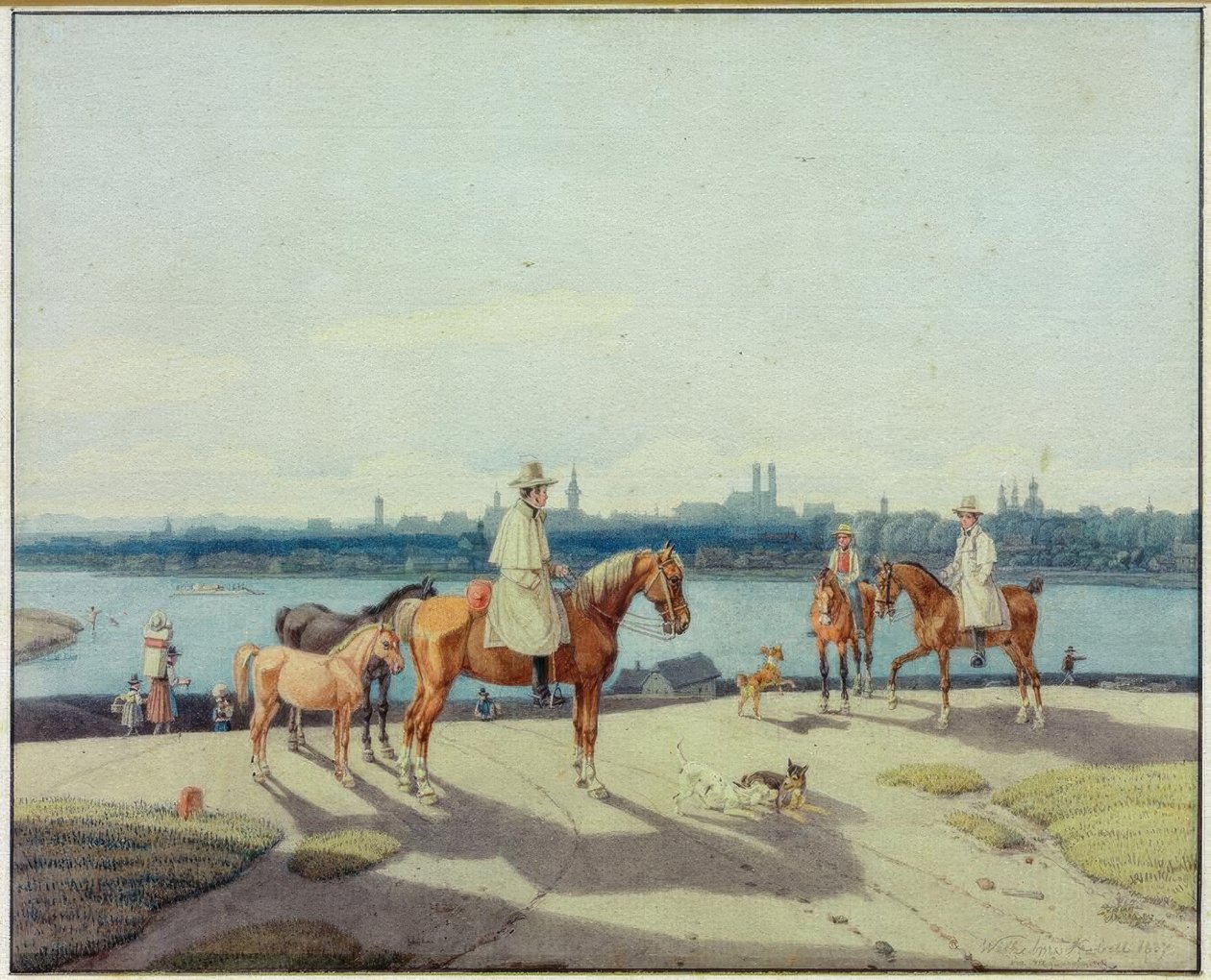 Ratsastajat Isar-joen rannalla Münchenin edessä tekijältä Wilhelm von Kobell