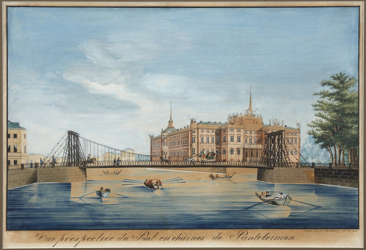 Näkymä Panteleimonovsky-ketjusillalle ja Mihailovskin linnalle (chateau saint Michel ou chateau des ingenieurs) Fontankan yli Pietarissa - Wilhelm von Traitteur (1788-1859). Kynä, sivellin, vesiväri, muste ja valkoinen väri paperille tekijältä Wilhelm von Traitteur