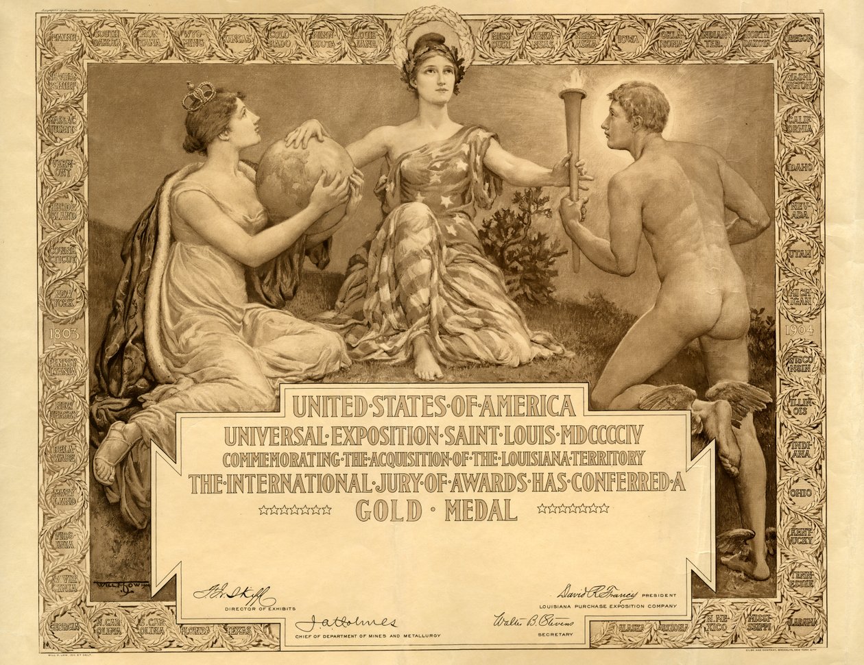 Louisiana Purchase Exposition tyhjä kultamitalitodistus, 1904 tekijältä Will H. Low