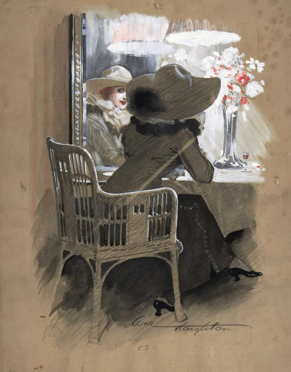 Pöydän ääressä istuvan naisen muotokuva, n. 1896 (akvarelli, valkoinen ja punainen tempera grafiitin päällä) tekijältä Will Houghton