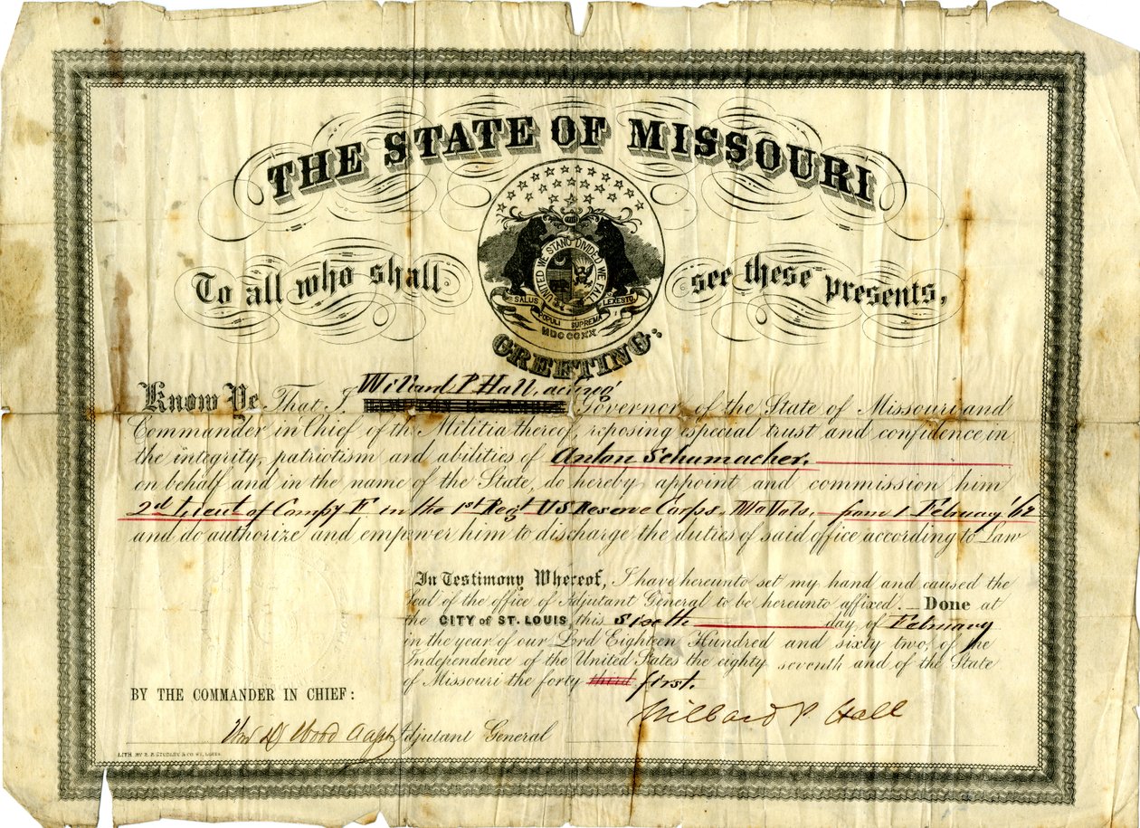 Anton Schumacherin sotilaskomissio yhtiön F luutnanttina 1. rykmentissä USR.C., Missouri Volunteers, 6. helmikuuta 1862 tekijältä Willard P. Hall