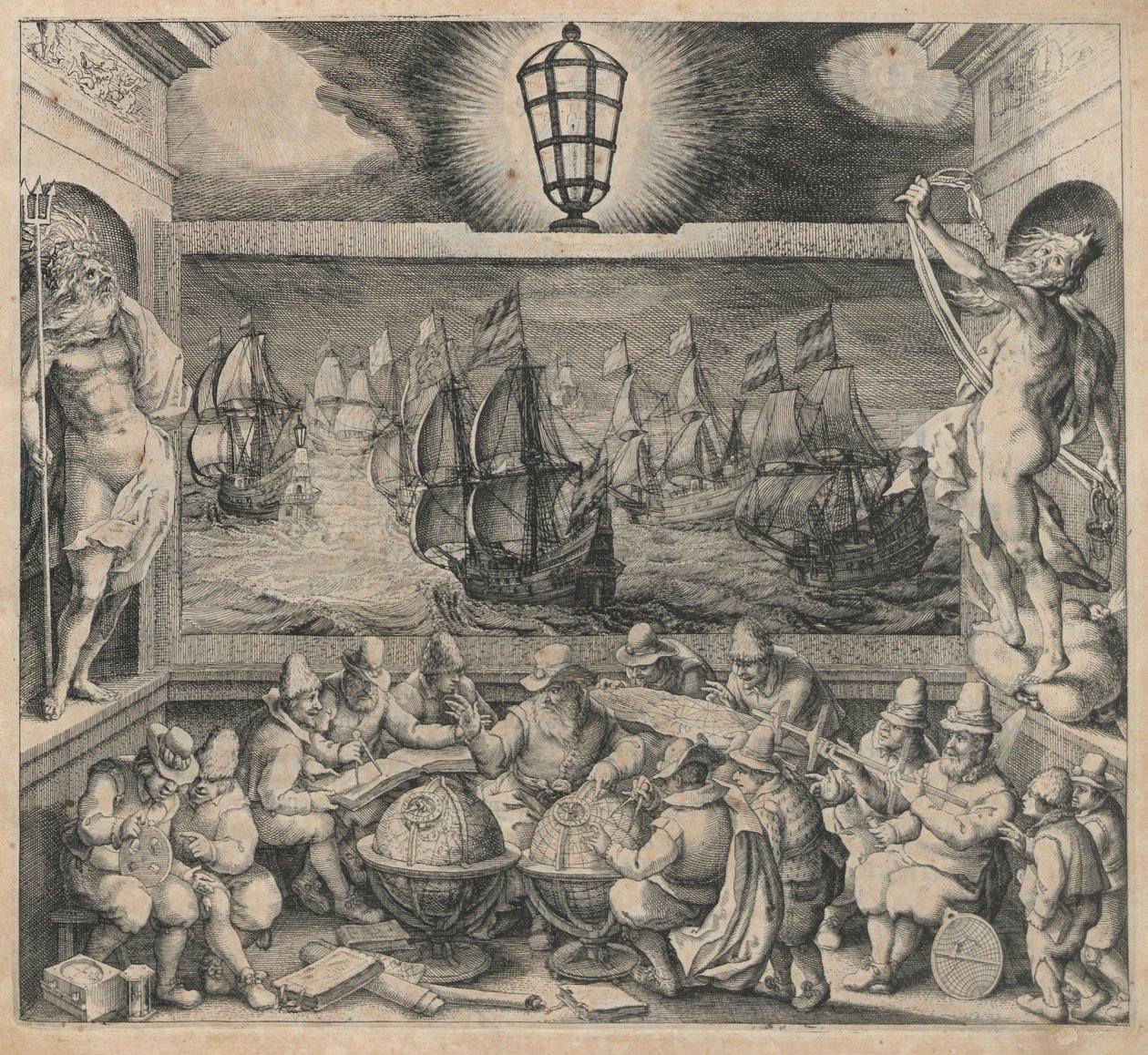 Frontispiz aus dem Segelhandbuch "Licht der Zeevaert" tekijältä Willem Janszoon Blaeu