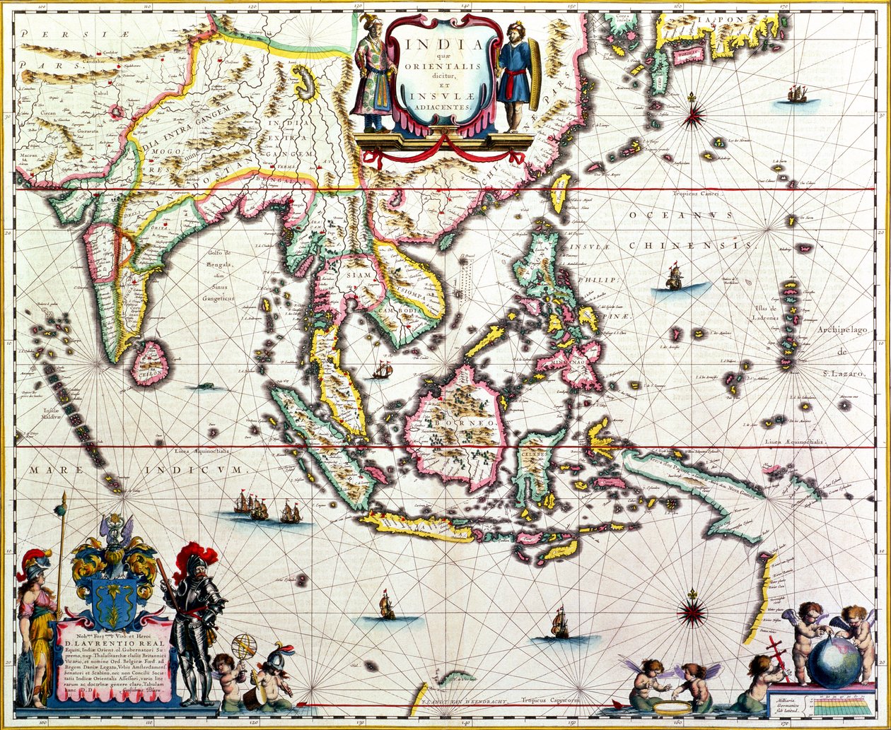 Kartta, jossa näkyy Kaakkois-Aasia ja Itä-Intia, julkaistu, Amsterdam, n. 1635 (käsinvärinen kaiverrus) tekijältä Willem Janszoon Blaeu