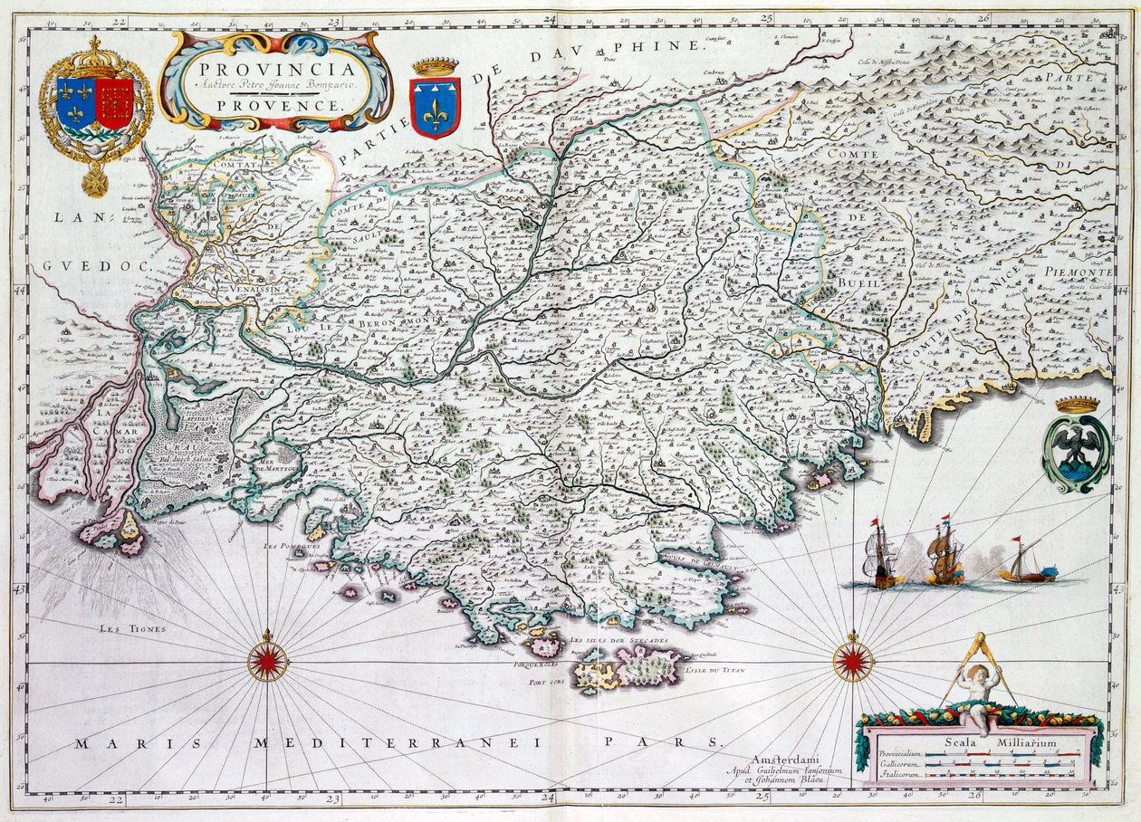 Provincian tai Provencen kartta, joka on nykyään osa Etelä-Ranskaa, 1638 (käsinvärinen kaiverrus) tekijältä Willem Janszoon Blaeu