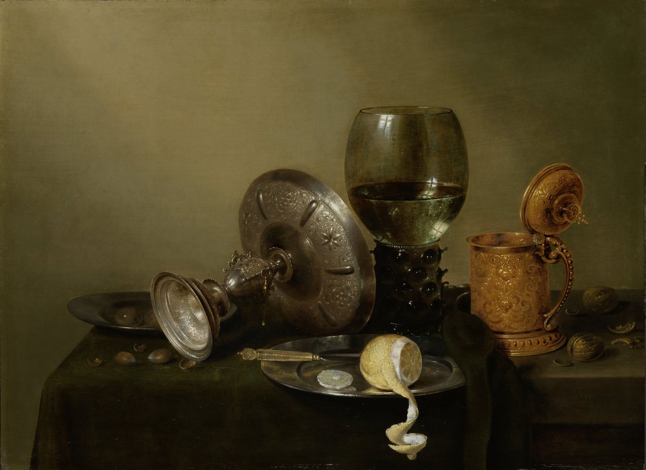 Asetelma, jossa on kullattu olutpannu tekijältä Willem Claesz. Heda