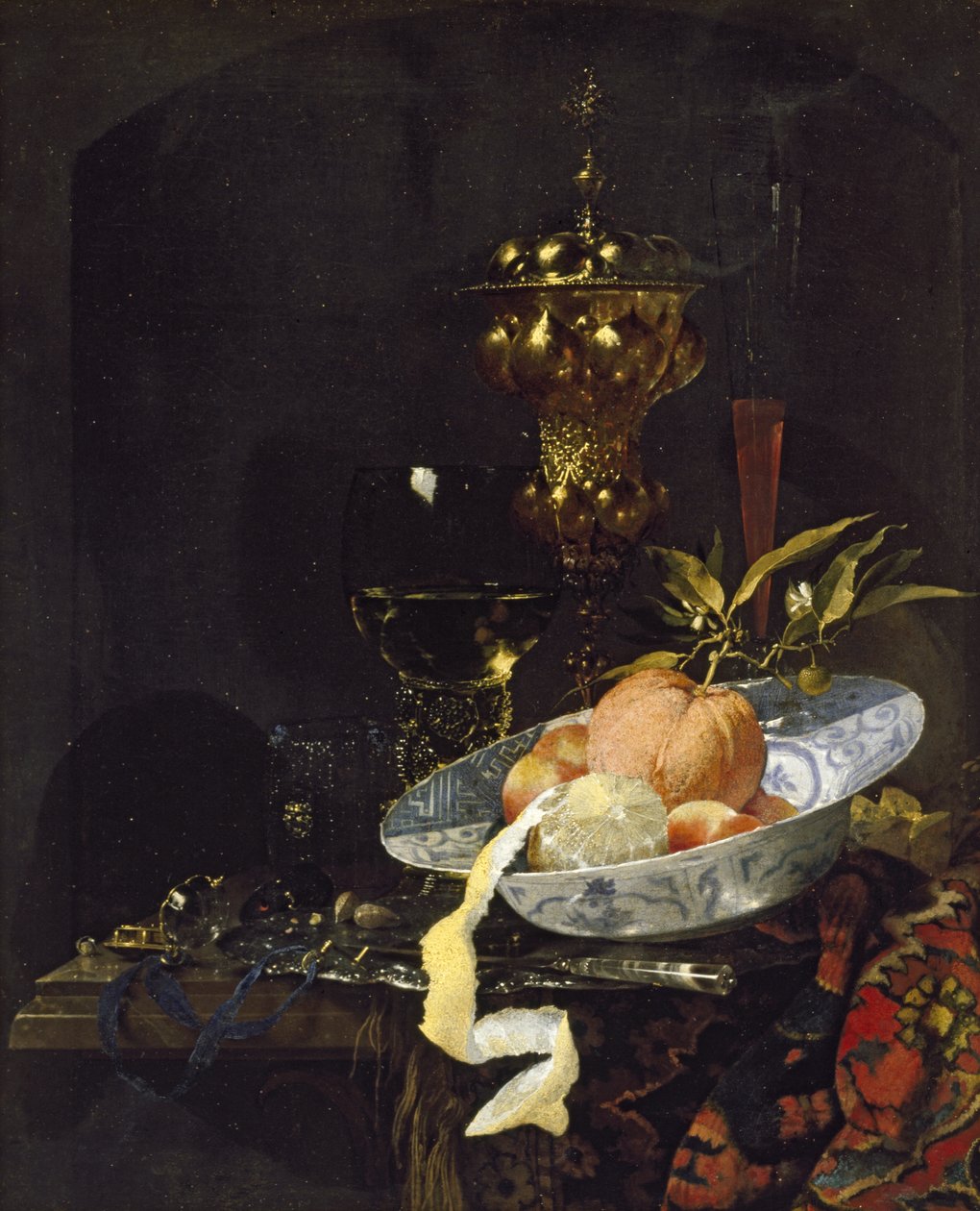 Asetelma itämaisella matolla, 1660-luvun alku tekijältä Willem Kalf