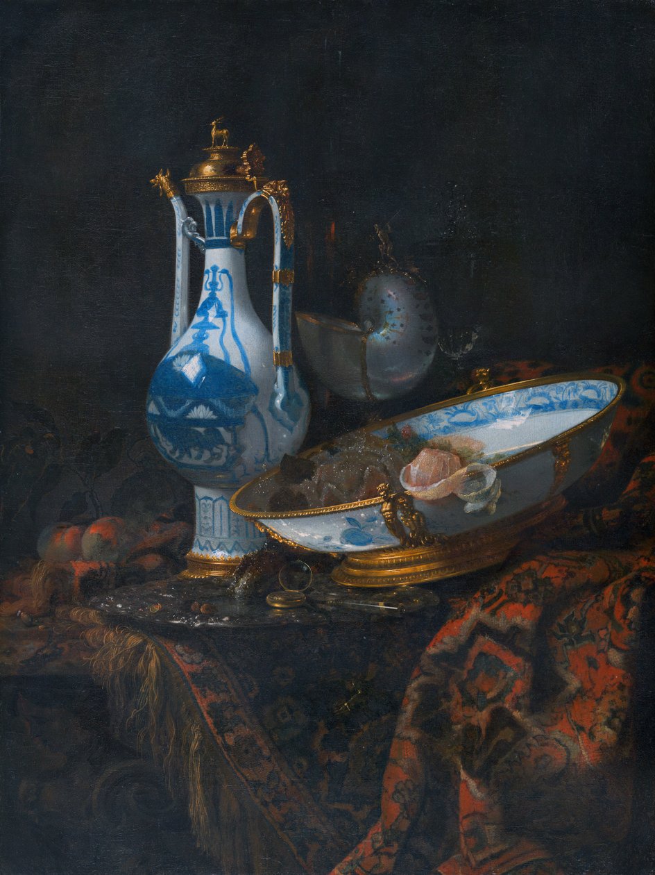 Asetelma Aquamanilen, hedelmien ja Nautilus Cupin kanssa tekijältä Willem Kalf