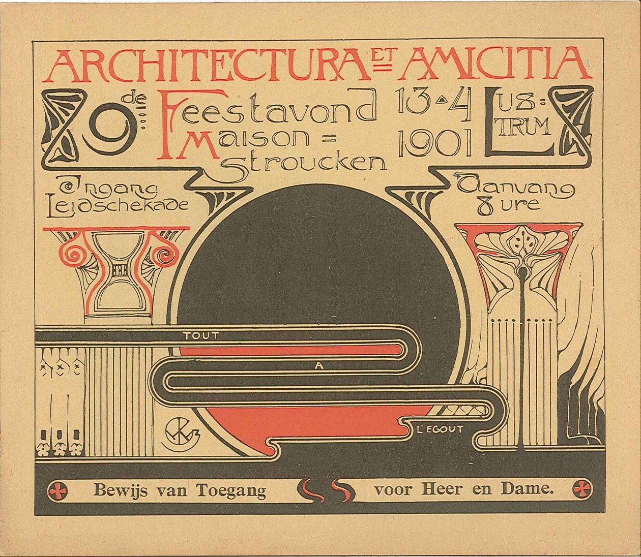 Bewijs van toegang voor de feestavond op 13. huhtikuuta 1901 naar aanleiding van het 9de lustrum van Architectura et Amicitia tekijältä Willem Kromhout