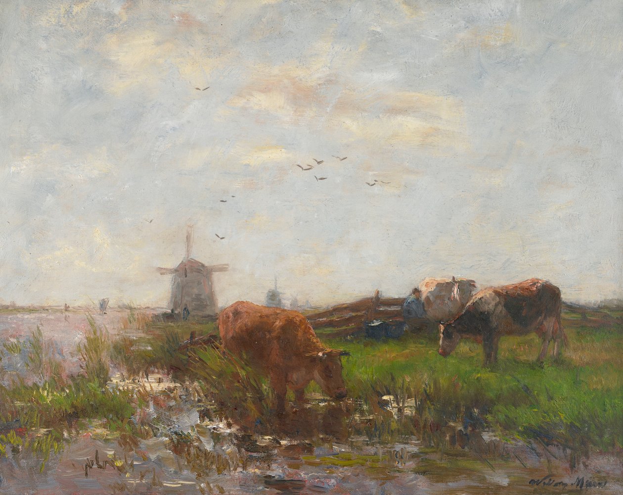 Karjan laiduntaminen veden äärellä, n. 1880-1890 tekijältä Willem Maris