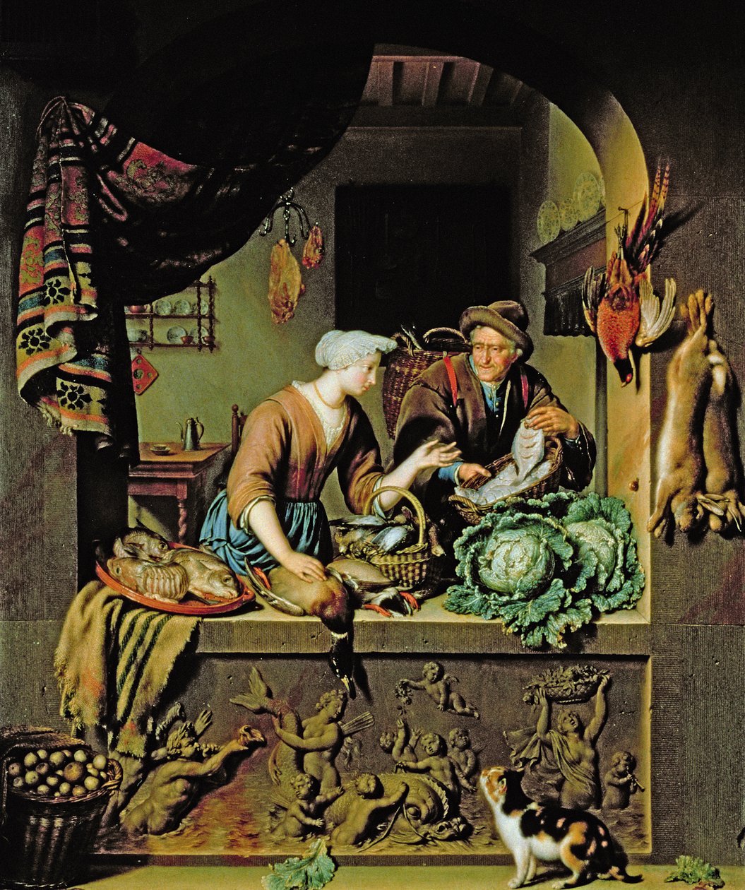 Nainen ja kalakauppias, 1713 tekijältä Willem Van Mieris