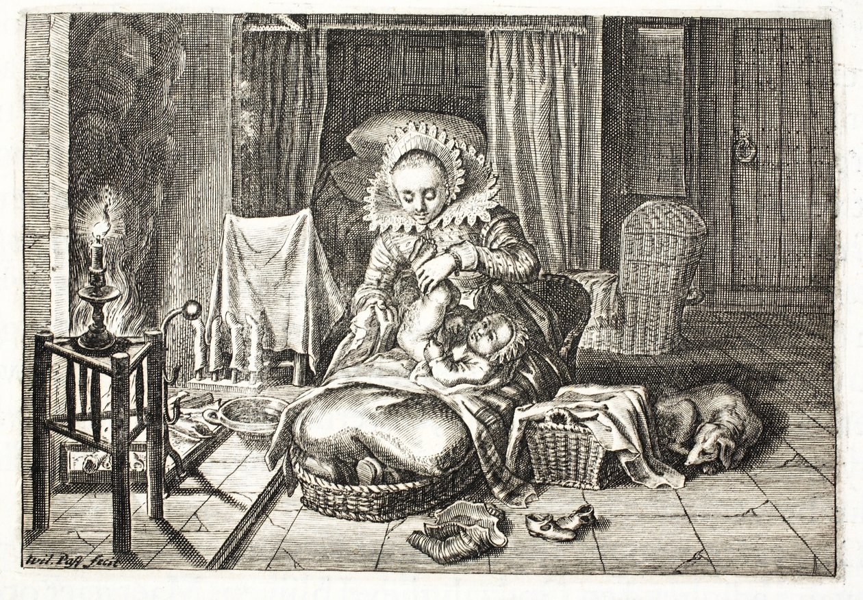 Vauvan vaihtaminen, kuvitus Johannes de Brunen (1589-1658), Jan Jacobs Schipperin teoksesta "Emblemata of Zinne-werk", Amsterdam, 1661 tekijältä Willem Van de Passe