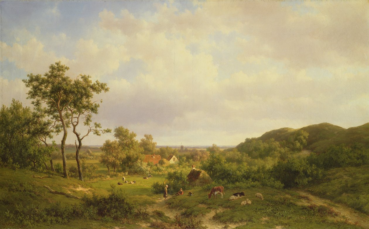 Hollantilainen maisema lehmien ja hahmojen kanssa, 1800-luku tekijältä Willem Vester