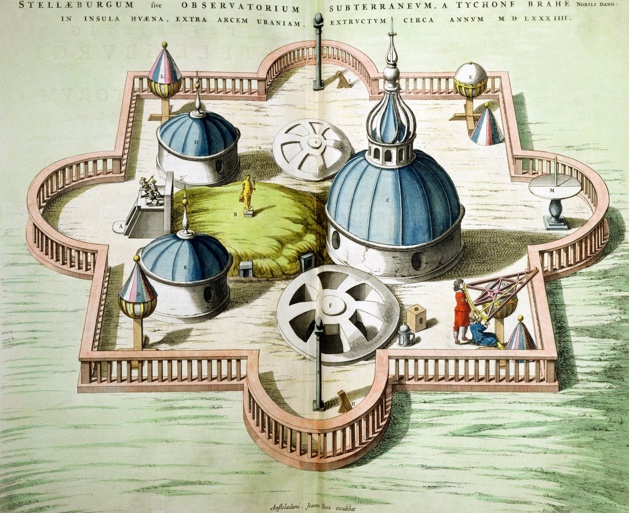 Yleiskuva Uraniborgin observatoriosta, jonka Tycho Brahe (1546-1601) rakensi n. 1584 Hvenin saarelle Tanskassa "Le Theater du Mondesta" tai "Nouvel Atlasista", julkaistu Amsterdamissa, 1645 (n. tekijältä Joan Blaeu
