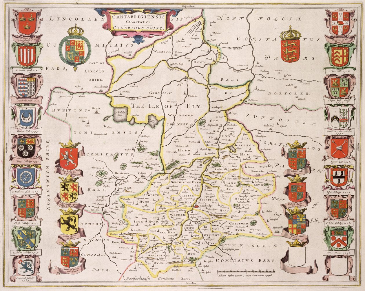 Cambridgeshiren kartta, julkaistu Amsterdamissa n. 1647-48 (käsinvärinen kaiverrus) tekijältä Joan Blaeu