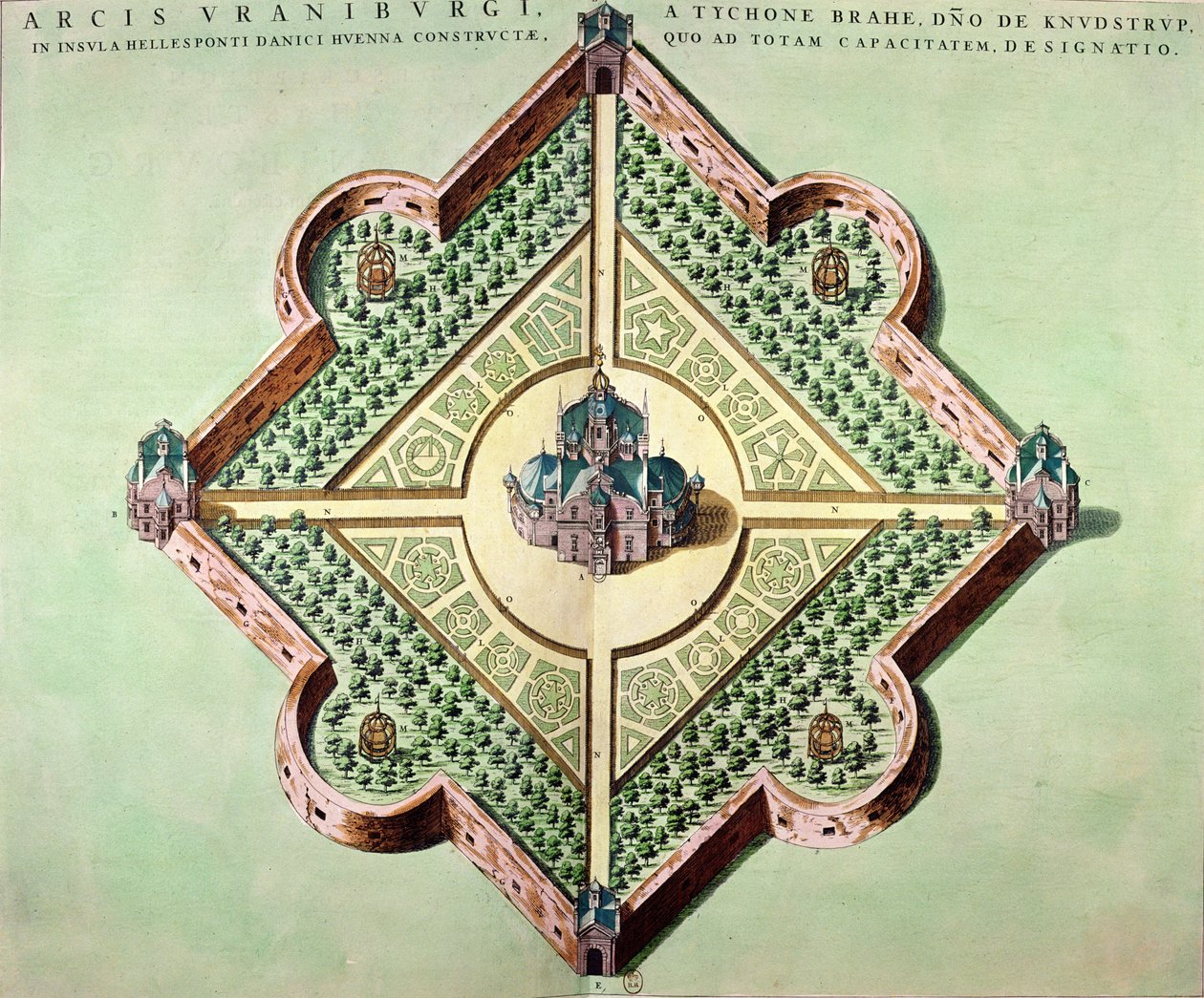 Uraniborgin linnan ja observatorion suunnitelma, jonka rakensi noin 1584 Tycho Brahe (1546-1601) Hvenin saarelle Tanskassa Le Theater du Mondesta tai Nouvel Atlasista, julkaistu Amsterdamissa, 1645 tekijältä Joan Blaeu