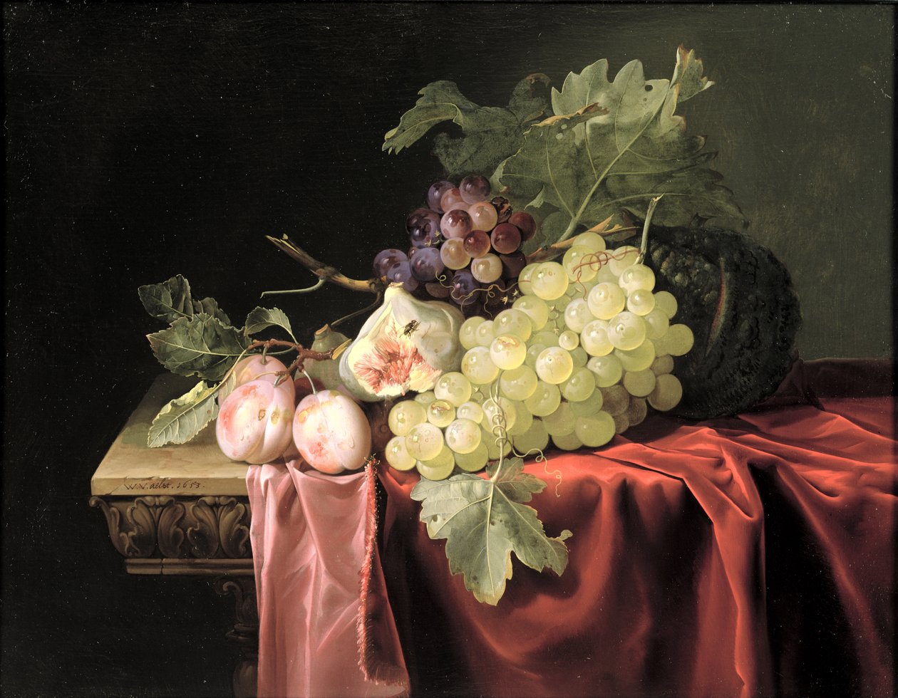Isang tahimik na buhay na may mga ubas, plum, igos at melon sa isang bahagyang nakabalot na batong ungos, 1653 finn tekijältä Willem van Aelst