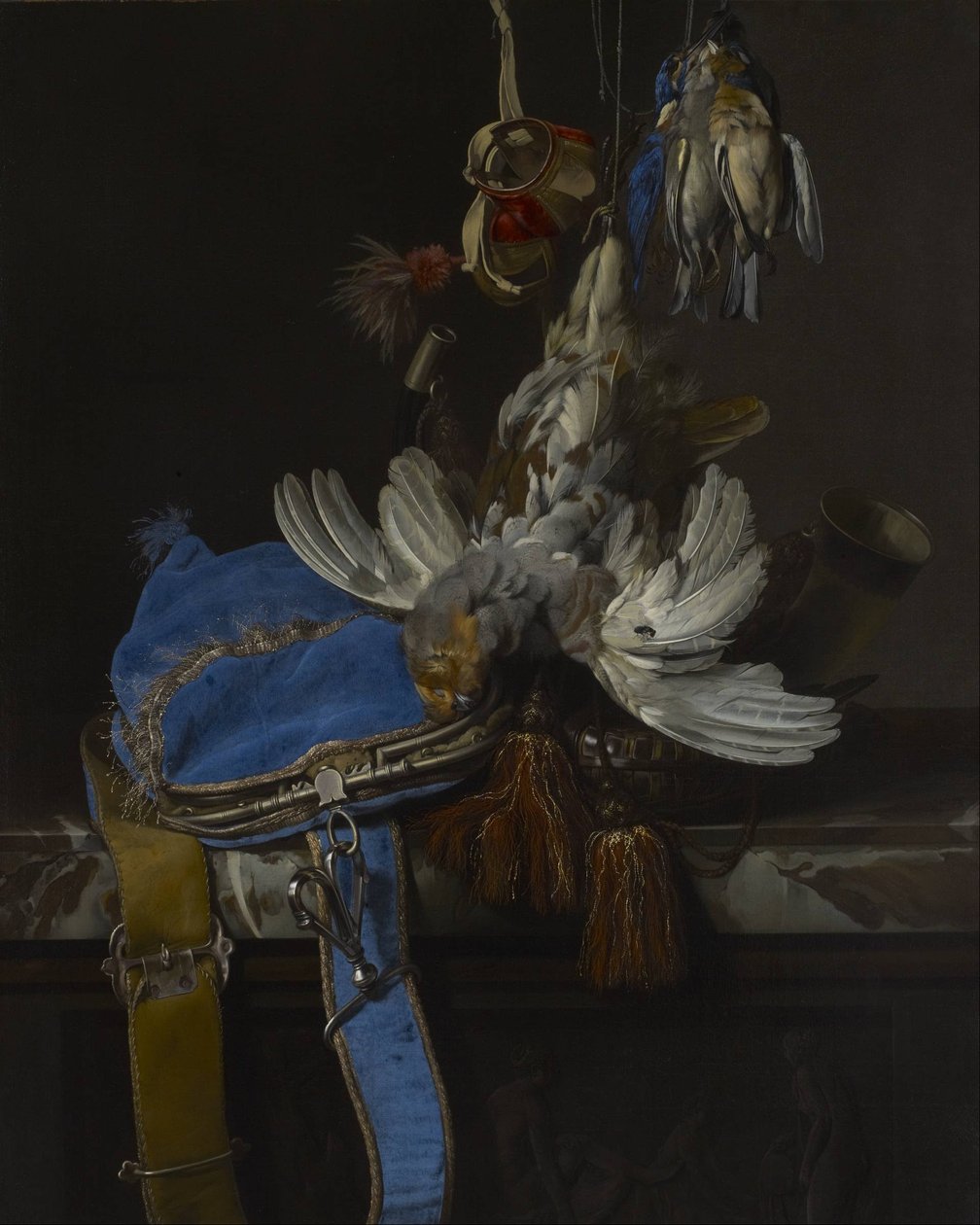 Metsästää asetelma samettipussilla marmorireunalla tekijältä Willem van Aelst