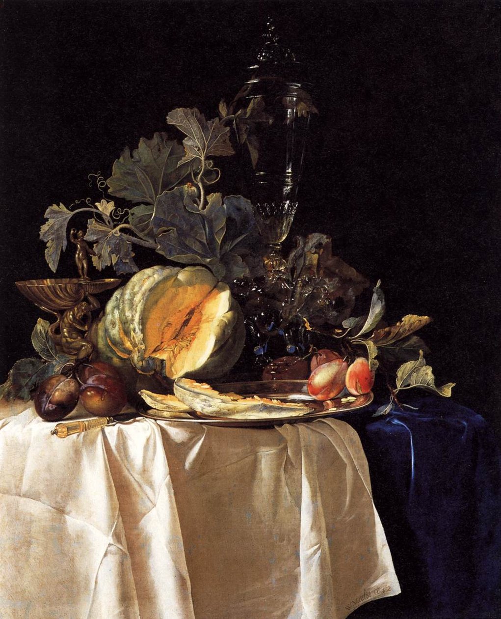Asetelma hedelmien ja kristallimaljakon kanssa tekijältä Willem van Aelst