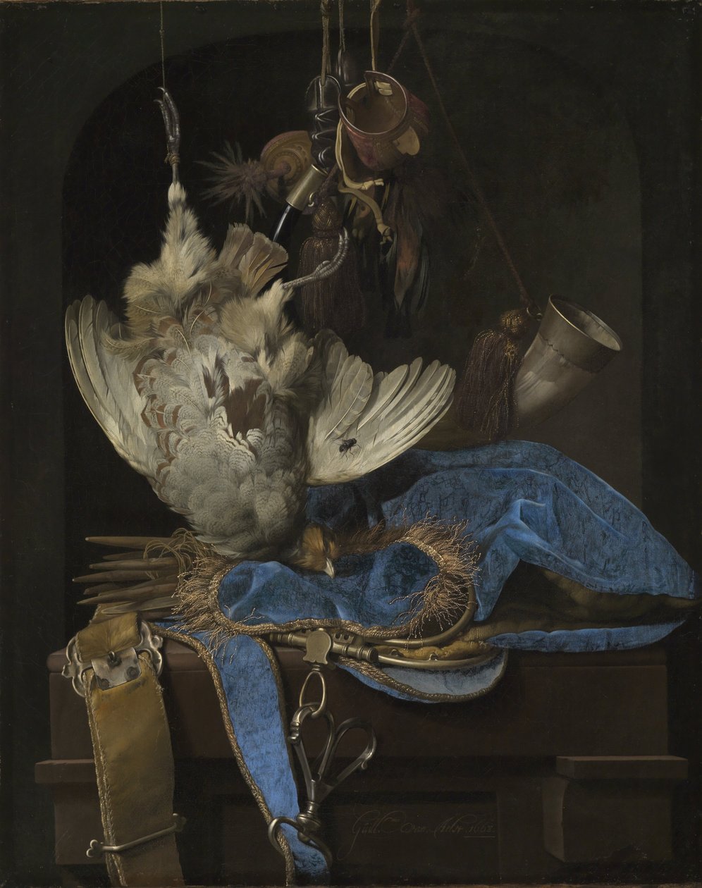 Asetelma metsästysvälineillä ja kuolleilla linnuilla tekijältä Willem van Aelst