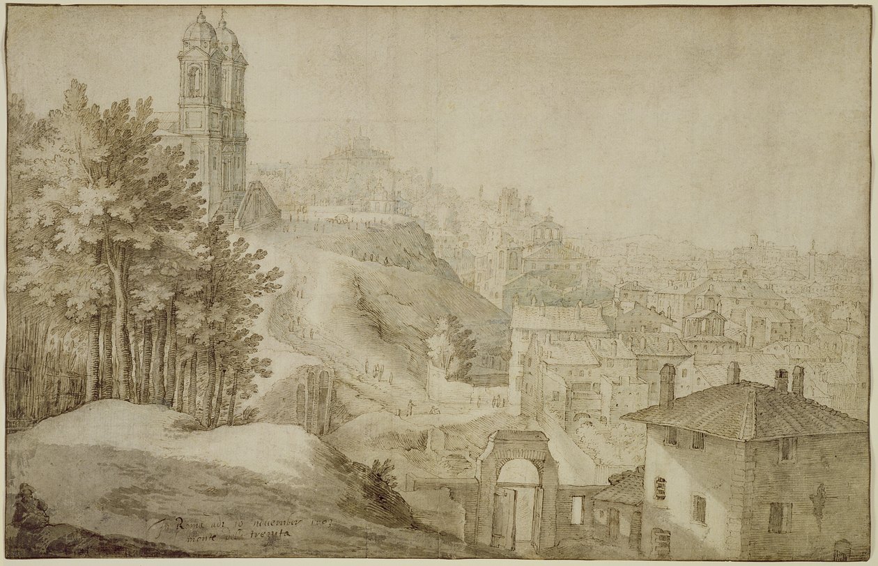 PD.516-1963 Näkymä Trinita dei Montista, Rooma, 1603 (kynä ja muste pesulla) tekijältä Willem van Nieulandt