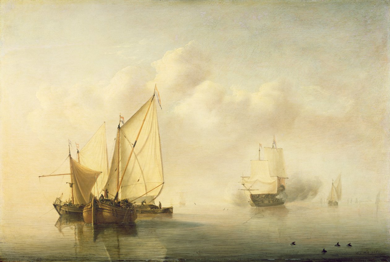 Rauhallinen meri, 1653 (öljy tammen päälle) tekijältä Willem van de Velde