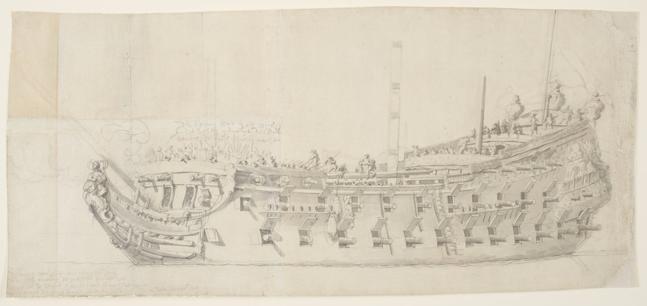 Ranskalainen Man-O-War Royale Thérese, 1673 (musta liitu, harmaa pesu keskitasolla, sileällä kermanvärisellä paperilla) tekijältä Willem van de Velde