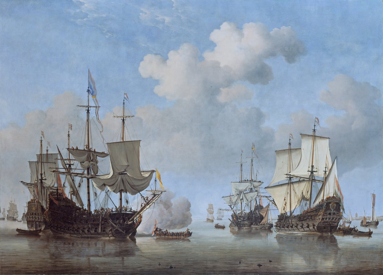 Rauhallinen: Hollantilaiset alukset tulevat ankkuriin tekijältä Willem van de Velde the Younger