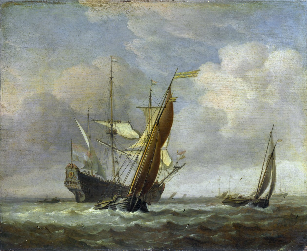 Kaksi pientä alusta ja hollantilainen sotamies tuulessa tekijältä Willem van de Velde the Younger