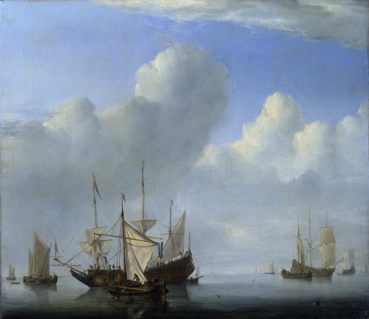 Laiva ankkurissa ja toinen purjeessa. tekijältä Willem van de Velde the Younger