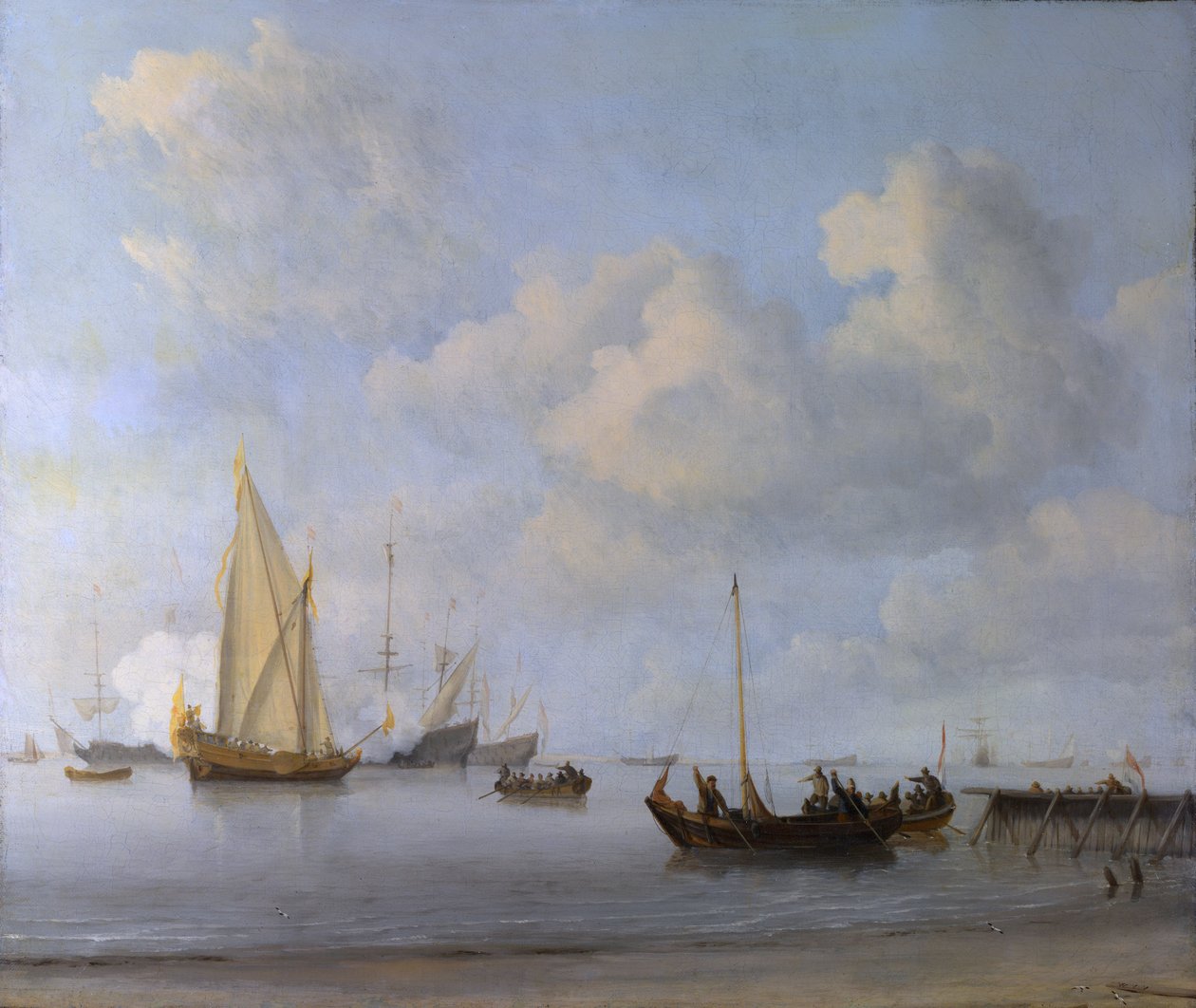 Veneet vetäytyvät jahdille rauhallisesti tekijältä Willem van de Velde the Younger