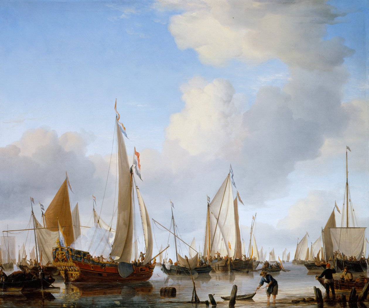 Calm- Valtioiden purjevene purjehtii lähellä rantaa monien muiden alusten kanssa. tekijältä Willem van de Velde the Younger