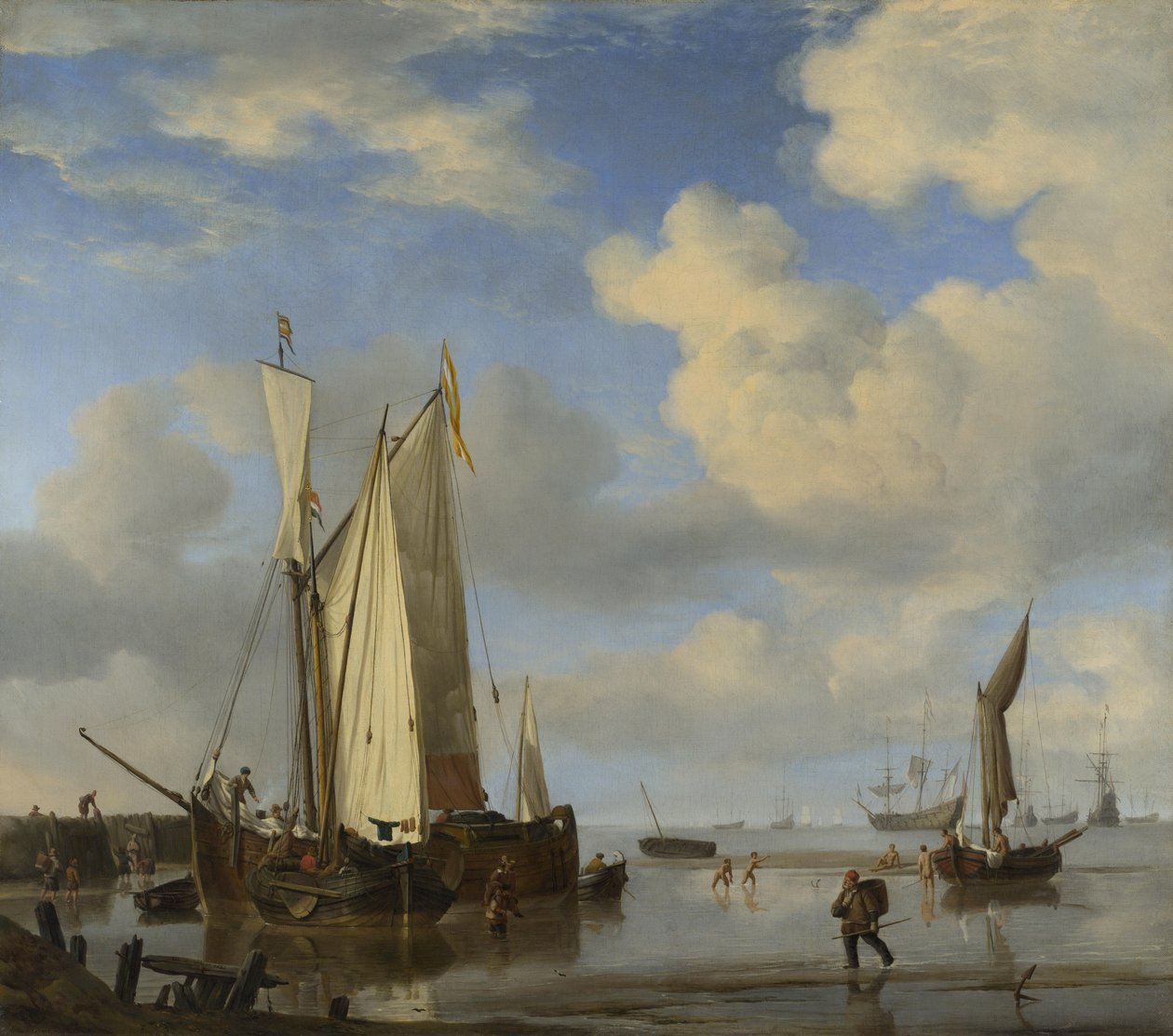 Hollantilaiset alukset sulkevat Inshoren laskuveden aikaan ja miesten uimisen tekijältä Willem van de Velde the Younger
