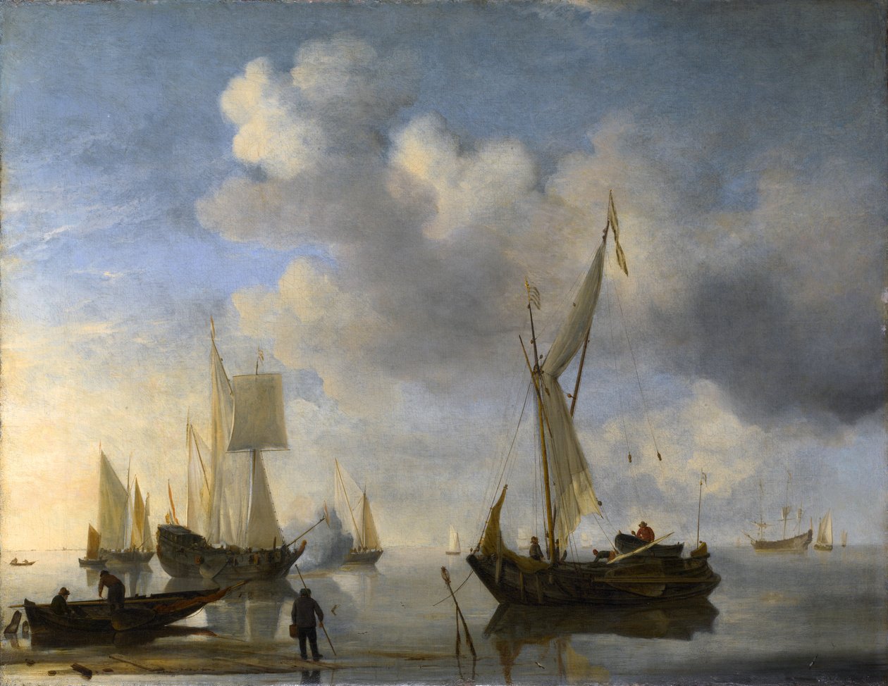 Hollantilaiset alukset makaavat rannalla rauhallisesti, tervehtivät tekijältä Willem van de Velde the Younger