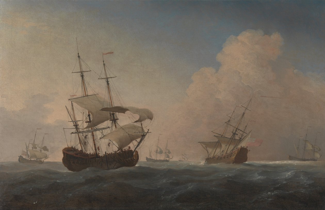 Englantilaiset sota-alukset kallistuvat tuulen mukana avomerellä tekijältä Willem van de Velde the Younger