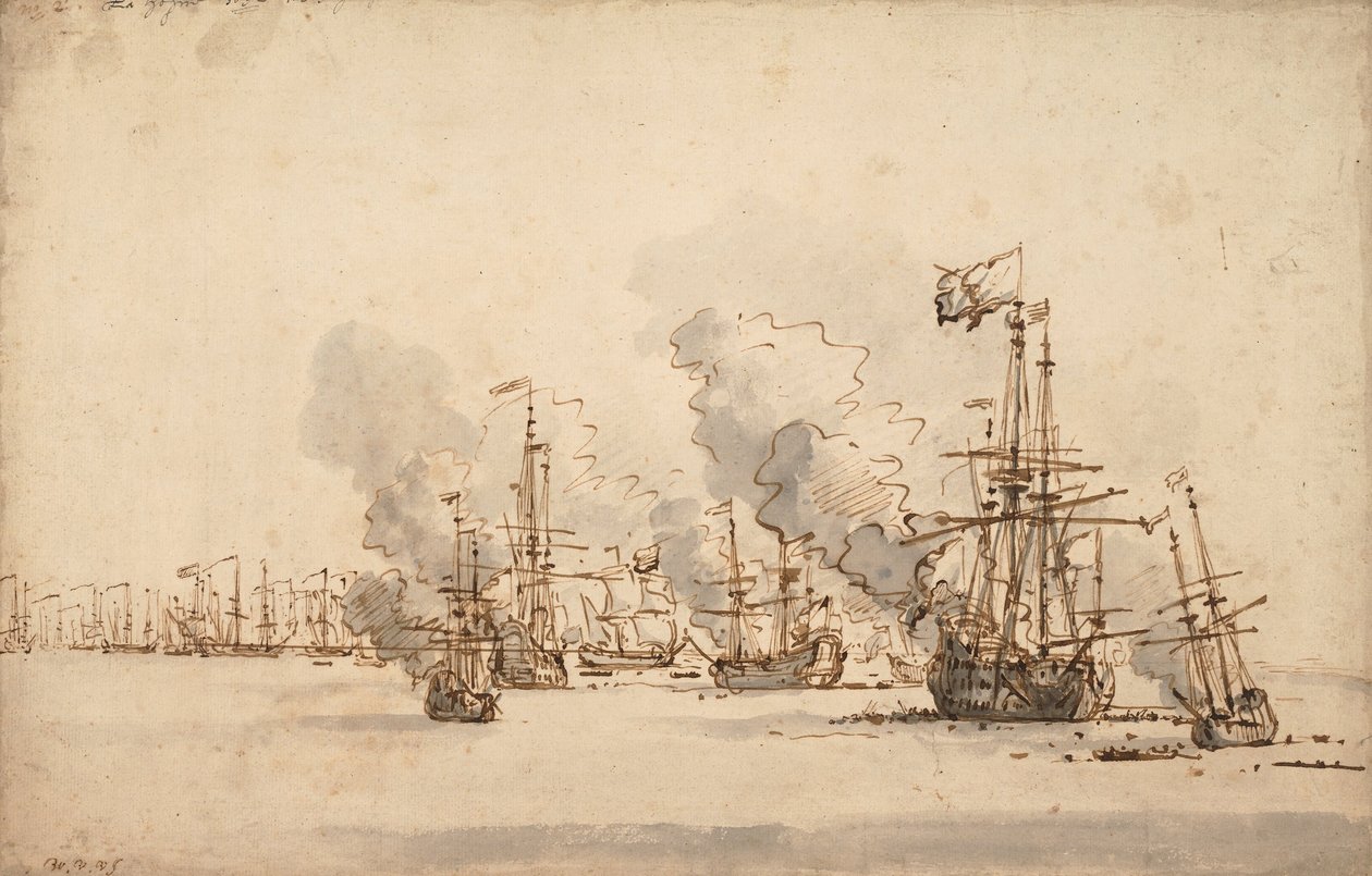 Meritaistelu la Hoguessa, noin 1701. tekijältä Willem van de Velde the Younger