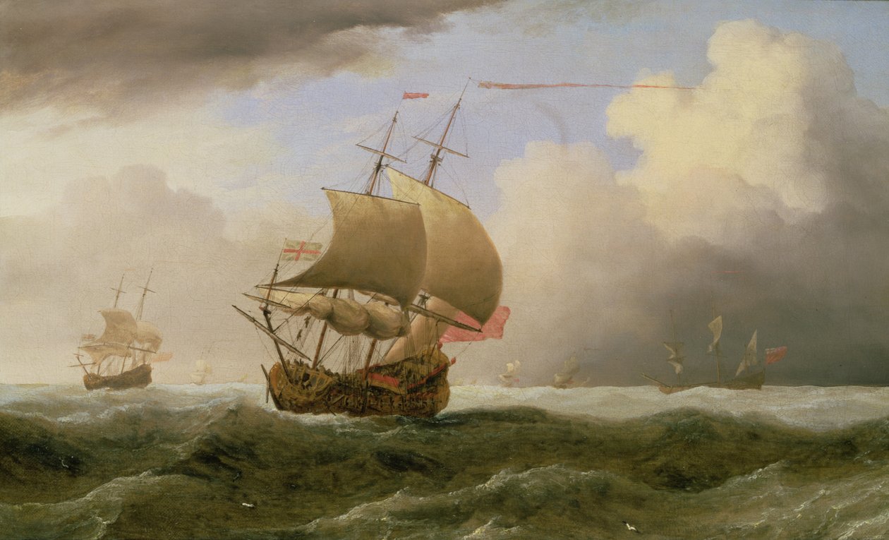 Englantilainen laiva lähikuljetettuna voimakkaassa tuulessa (öljy) tekijältä Willem van de Velde the Younger
