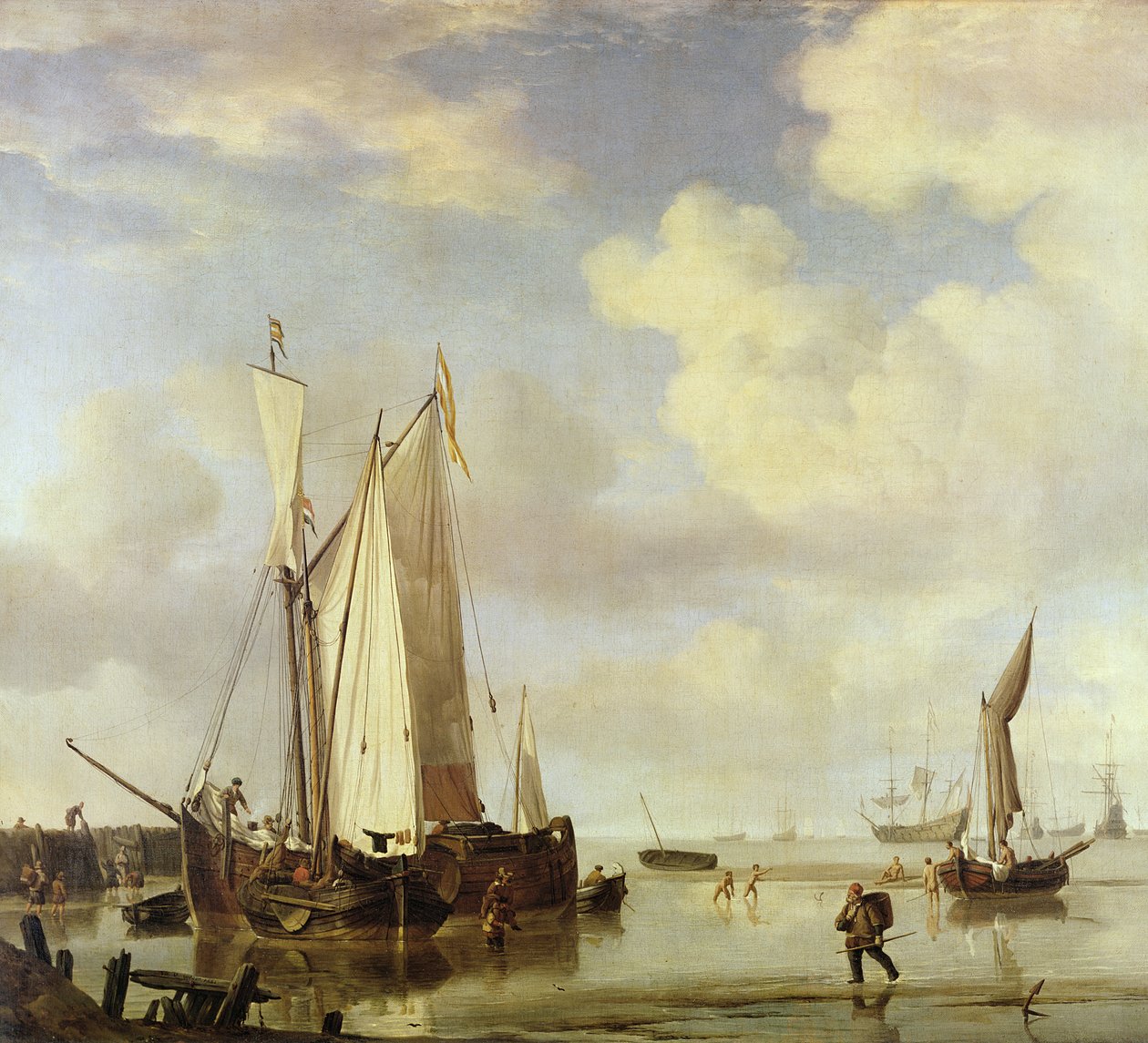 Hollantilaiset alukset rannikolla ja miesten uiminen, 1661 tekijältä Willem van de Velde the Younger