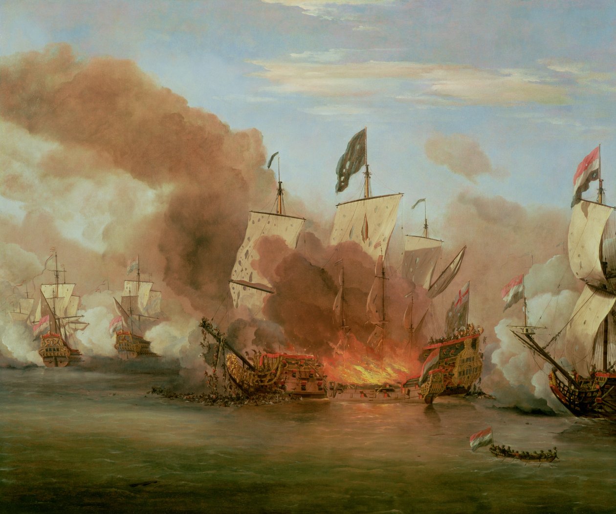 Kuninkaallisen Jaakon palaminen Sole Bankin taistelussa 6. kesäkuuta 1672 tekijältä Willem van de Velde the Younger