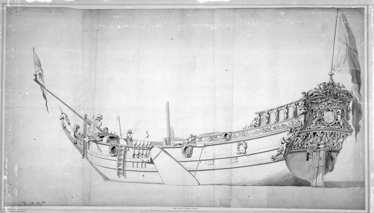 Royal Yacht "Mary" (piirustus paperille) tekijältä Willem van de Velde the Younger