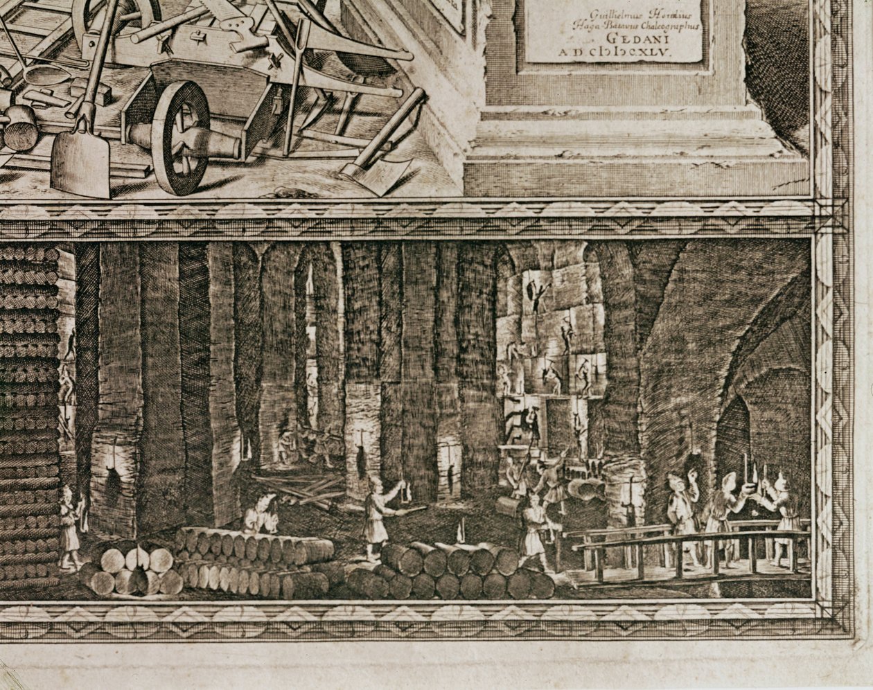 Krakovan lähellä sijaitsevan Wieliczkan suolakaivokset tuottivat noin kolmanneksen Puolan kuninkaiden tuloista... (kaiverrus) tekijältä Willem (c.1597 1660) Hondius