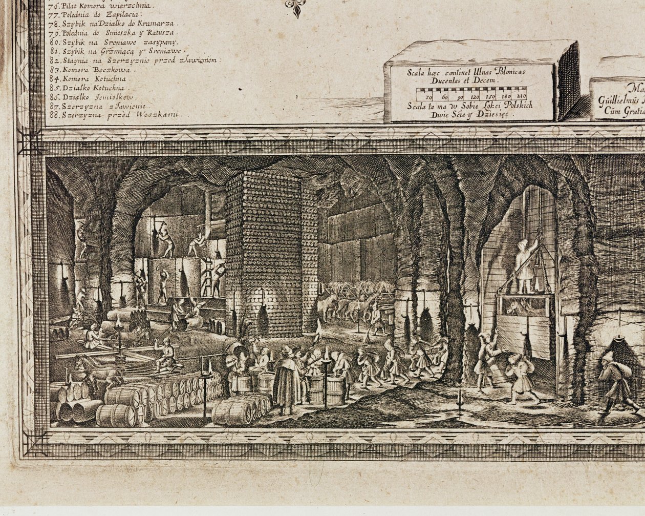 Krakovan lähellä sijaitsevan Wieliczkan suolakaivokset tuottivat noin kolmanneksen Puolan kuninkaiden tuloista... (kaiverrus) tekijältä Willem (c.1597-1660) Hondius