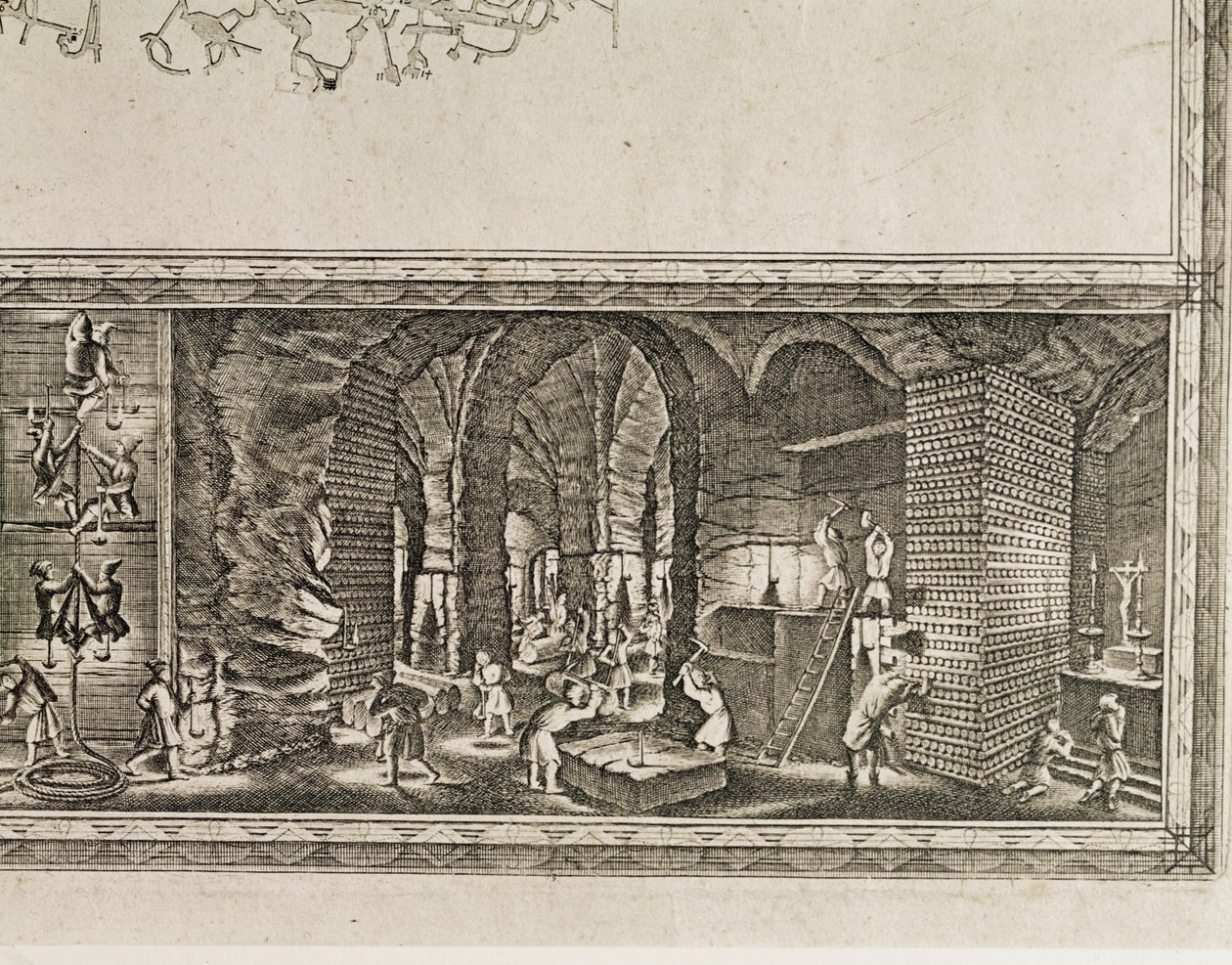 Krakovan lähellä sijaitsevan Wieliczkan suolakaivokset tuottivat noin kolmanneksen Puolan kuninkaiden tuloista... (kaiverrus) tekijältä Willem (c.1597 1660) Hondius