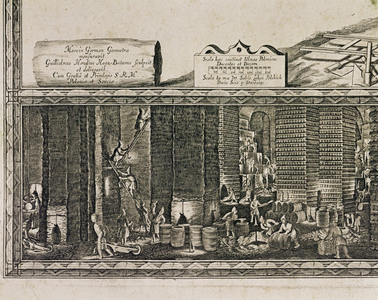 Krakovan lähellä sijaitsevan Wieliczkan suolakaivokset tuottivat noin kolmanneksen Puolan kuninkaiden tuloista... (kaiverrus) tekijältä Willem (c.1597-1660) Hondius