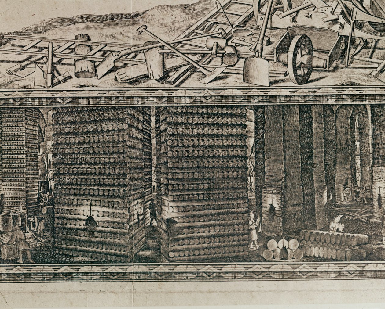 Krakovan lähellä sijaitsevan Wieliczkan suolakaivokset tuottivat noin kolmanneksen Puolan kuninkaiden tuloista... (kaiverrus) tekijältä Willem (c.1597-1660) Hondius