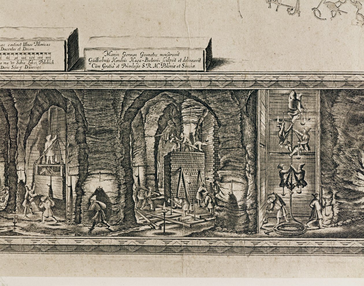Krakovan lähellä sijaitsevan Wieliczkan suolakaivokset tuottivat noin kolmanneksen Puolan kuninkaiden tuloista... (kaiverrus) tekijältä Willem (c.1597-1660) Hondius