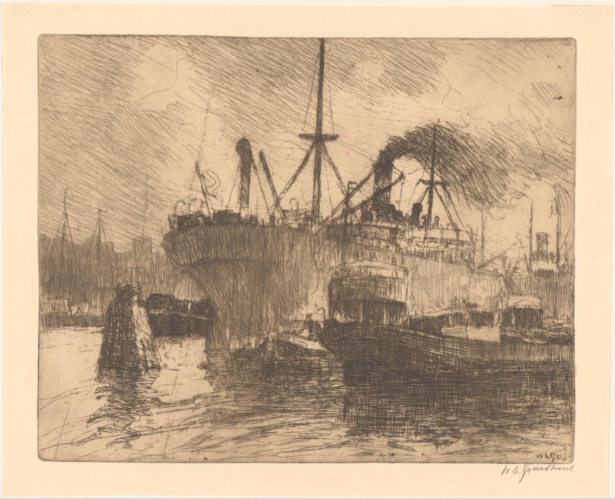 Laivat kiinnitettyinä Rotterdamin satamaan tekijältä Willem Adrianus Grondhout (signed by artist)