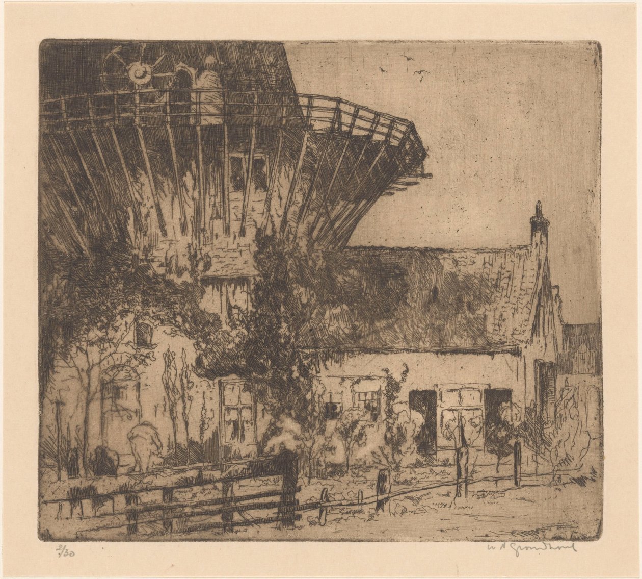 Talo tornimyllyn juurella Leidschendamissa tekijältä Willem Adrianus Grondhout (signed by artist)