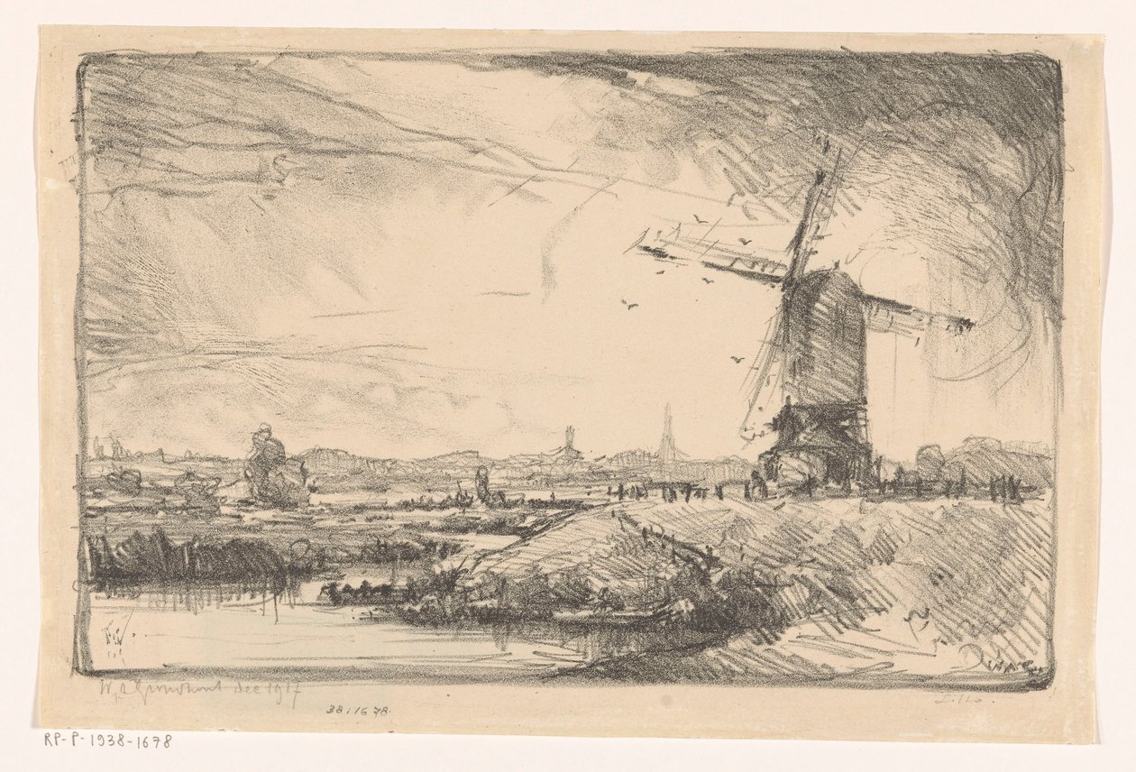 Maisema tuulimyllyllä lähellä Leideniä tekijältä Willem Adrianus Grondhout (signed by artist)